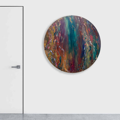 Impressions of Light 3 by Jadie Meprivert features a circular abstract oil painting on wood with vibrant swirling patterns. Deep turquoise and navy blend with warm copper and burgundy tones, creating a fluid, marbled effect. Textural elements and dynamic color transitions evoke natural phenomena like aurora borealis or mineral formations. 48-inch round composition by Jadie Meprivert.