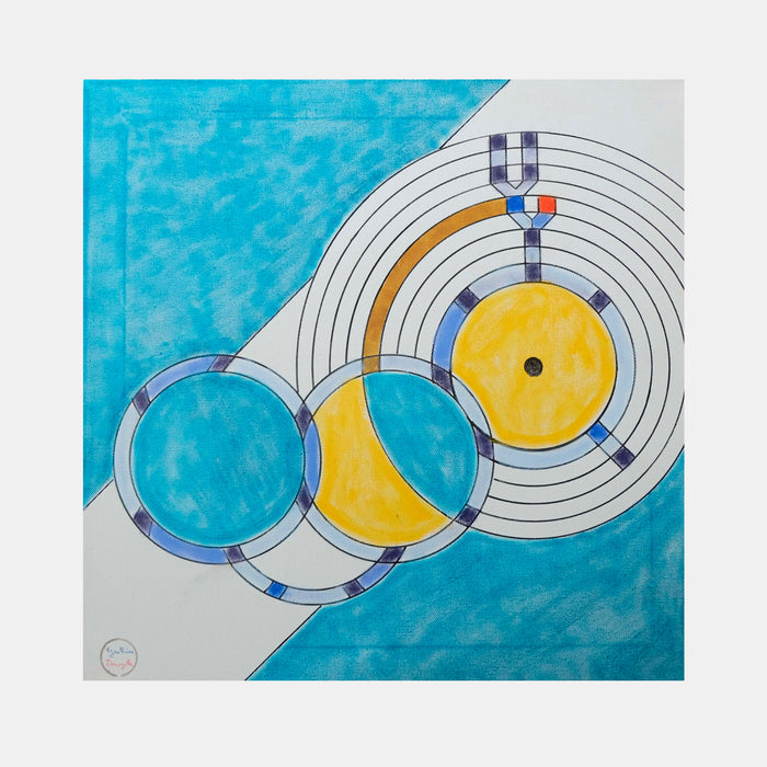The artwork 'Le Reve' by Gauthier Denoyelle features abstract geometric circles in turquoise and yellow, connected by concentric rings on a split background of vibrant azure blue and light gray. The composition suggests a stylized vinyl record or orbital system, rendered in marker and crayon on canvas with precise linework and bold color blocking.