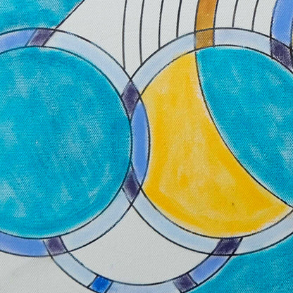 The artwork 'Le Reve' by Gauthier Denoyelle features overlapping geometric circles in vibrant turquoise and golden yellow, outlined in deep blue strokes. Created with marker, crayon and pencil on canvas, the piece showcases a modern abstract design with clean lines and intersecting curves against a white background. The 18x18 inch composition by Gauthier Denoyelle.