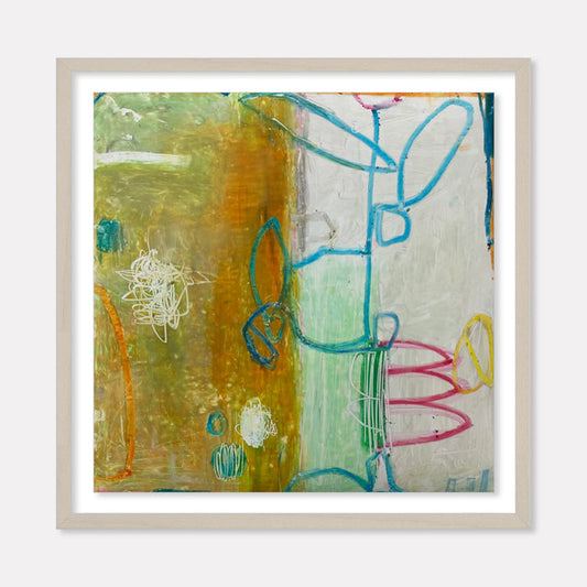 The artwork 'LS no. 3' by Janice La Motta features abstract linear forms in vibrant turquoise blue and pink against a divided background of ochre yellow and soft mint green. Oil pastel marks create spontaneous, flowing lines and organic shapes, with textural elements on Yupo paper, framed in light gray. Created by Janice La Motta.