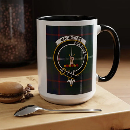 MacIntyre crest mug on table with black handle