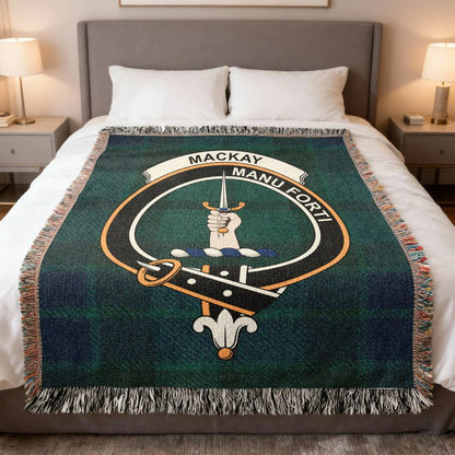 MacKay Manu Forti family crest woven blanket — 100% cotton with heraldic design at centre