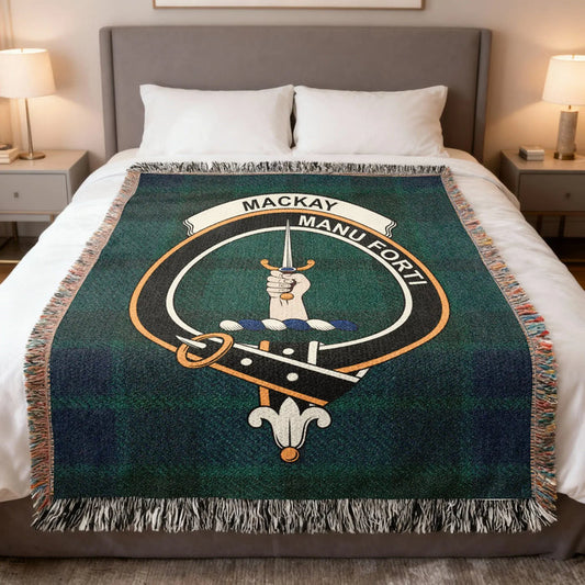 MacKay Manu Forti family crest woven blanket — 100% cotton with heraldic design at centre