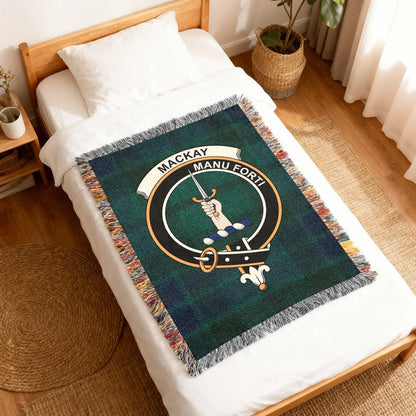 MacKay Manu Forti crest design decorative woven blanket — 100% cotton with fringe edges