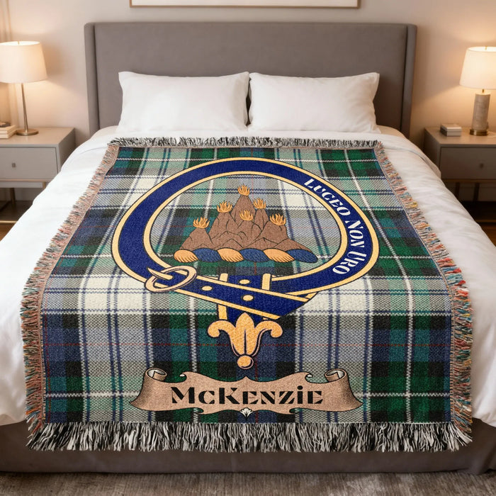 MacKenzie tartan woven blanket with family crest design — 100% cotton with heraldic at centre