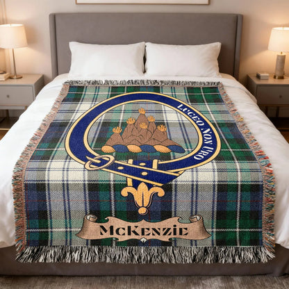 MacKenzie tartan woven blanket with family crest design — 100% cotton with heraldic at centre