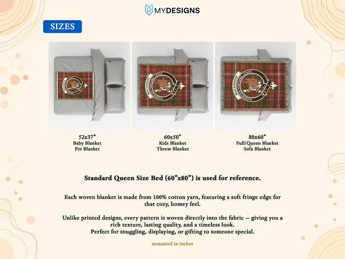 MacKinnon woven blanket size guide comparing three sizes on a bed