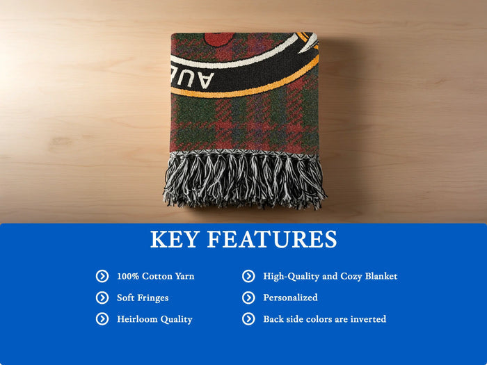 MacKinnon woven blanket feature graphic showing cotton weave and fringe