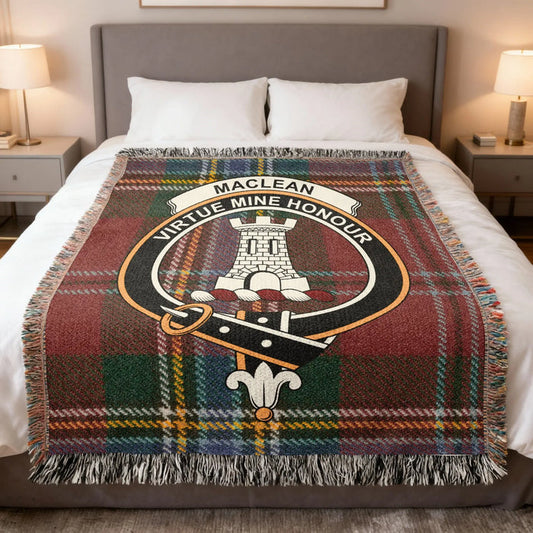 MacLean Virtue Mine Honour tartan woven blanket — 100% cotton with tower clan crest at centre