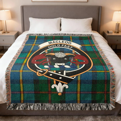 MacLeod Hold Fast Scottish clan crest woven blanket — 100% cotton with tartan pattern
