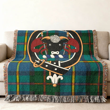 MacLeod Scottish clan crest tartan woven blanket — Hold Fast heraldic design visible