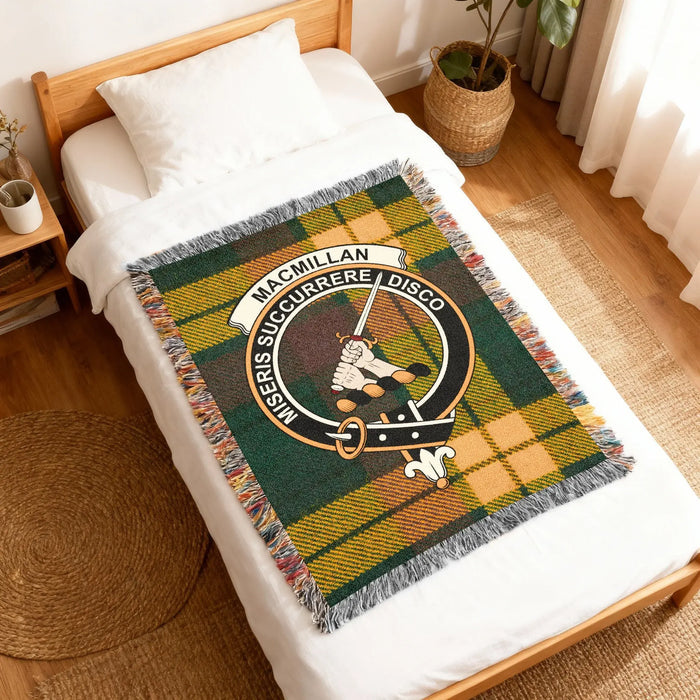 MacMillan woven blanket draped on smaller bed