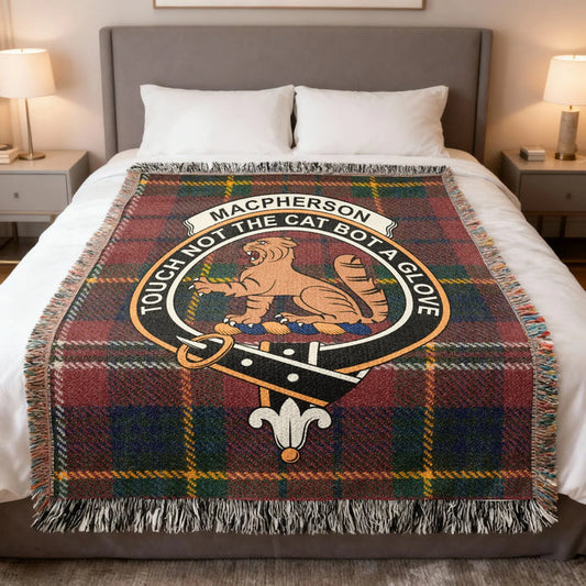 Clan MacPherson woven tartan blanket showing clan cat crest — 100% cotton heirloom throw