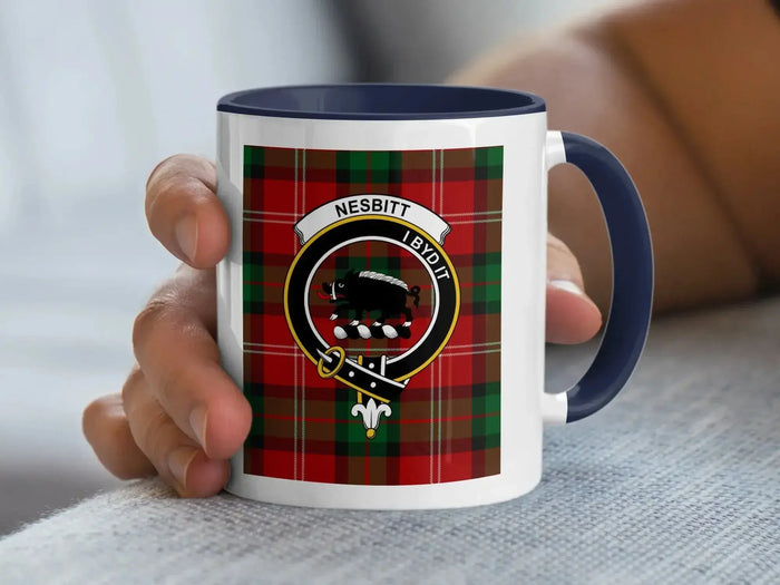 Nesbitt family crest coffee mug with a tartan-background design