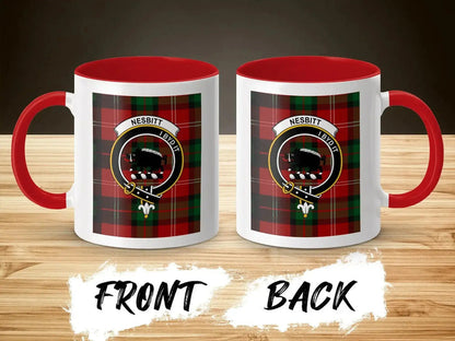 Nesbitt tartan-background crest mug shown as a Scottish heritage gift