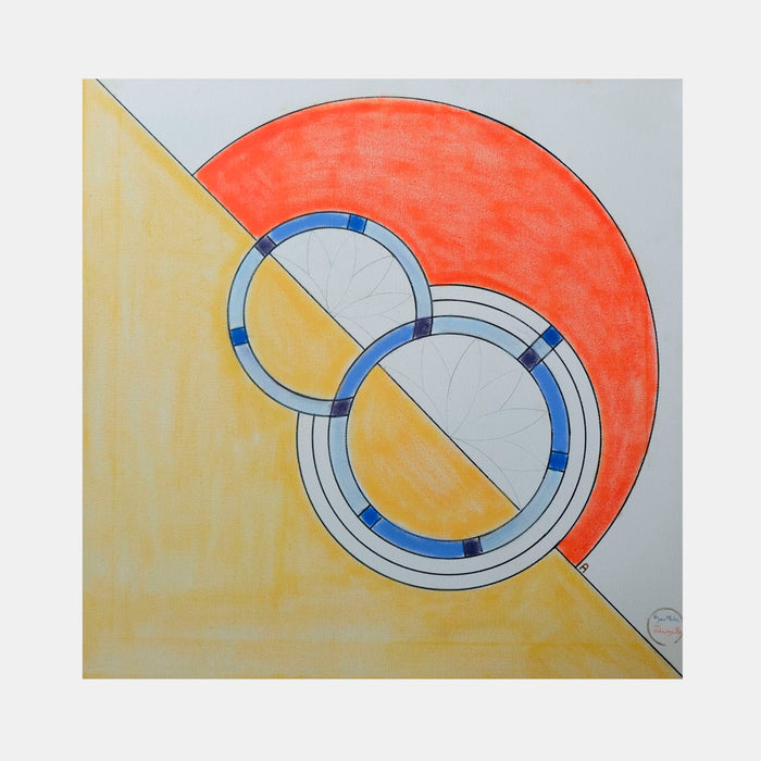 The artwork 'Origines' by Gauthier Denoyelle features a geometric abstract composition with two intersecting circular rings in white and blue, set against a diagonal split background of soft yellow and a striking orange-red circle, created with marker, crayon and pencil on stretched canvas.