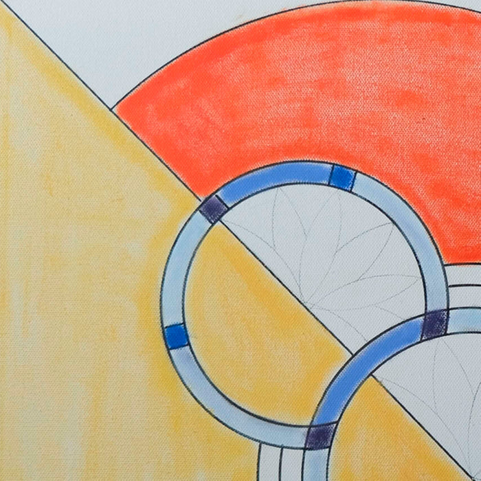 The artwork 'Origines' by Gauthier Denoyelle features geometric abstract composition with interlocking circles rendered in light blue and navy accents, set against bold color blocks of warm orange and yellow. Delicate pencil leaf patterns emerge in gray sections, created with marker, crayon and pencil on stretched canvas.