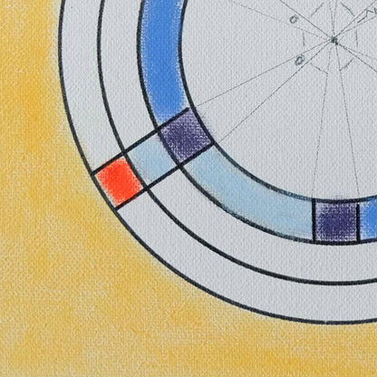 The artwork 'Plaisir' by Gauthier Denoyelle features geometric circular arcs with bold black outlines on stretched canvas. A vibrant yellow background contrasts with segments of blue, purple, and red within the curved lines. The composition combines precise marker work with textured crayon elements, creating a minimalist yet dynamic abstract design.