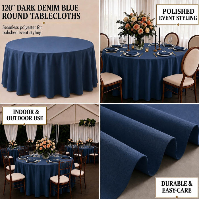Dark denim blue round tablecloth with faux denim design.