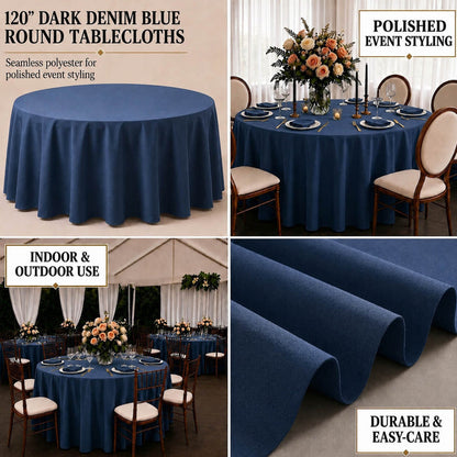 Dark denim blue round tablecloth with faux denim design.