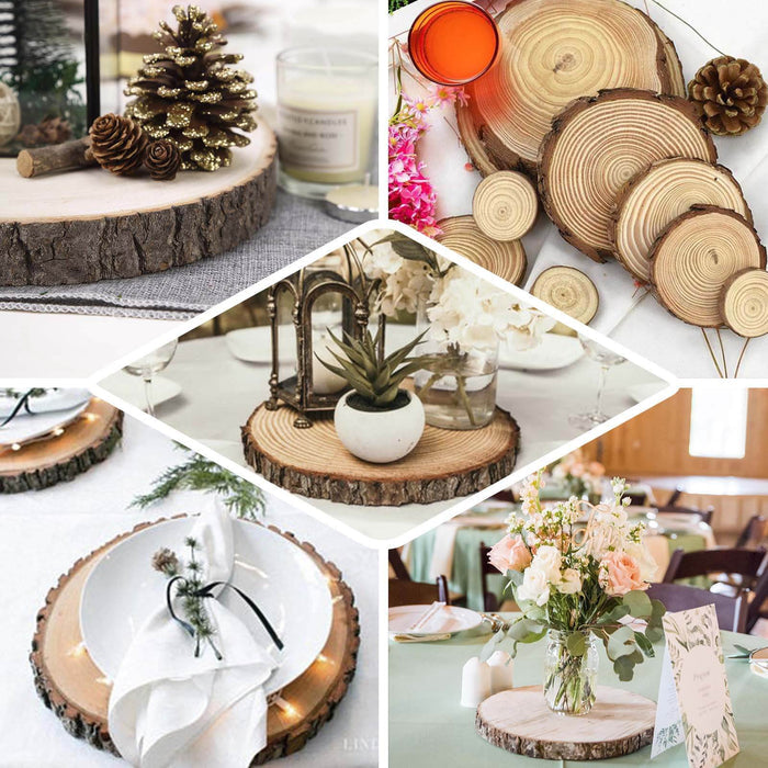 Wooden slice table centerpieces for rustic decor and events.
