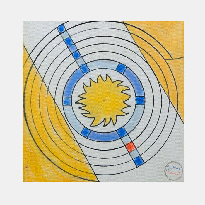 The artwork 'Provence' by Gauthier Denoyelle features a striking geometric composition with concentric circles radiating from a central yellow sun motif. Blue accents intersect the circular patterns, creating a dynamic spiral effect against a white and golden background. Created with marker, crayon and pencil on stretched canvas, the piece combines precision and warmth in a 10x10 inch format.