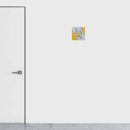 The artwork 'Provence' by Gauthier Denoyelle features a minimalist geometric composition with concentric circular patterns in vibrant yellow and soft blue tones. Created with marker, crayon and pencil on stretched canvas, the 10x10 inch piece showcases a spiral-like design with contrasting warm and cool colors that evoke Mediterranean aesthetics.