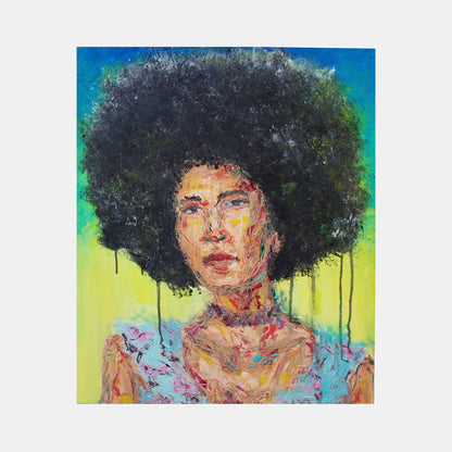 The artwork 'Self Portrait' features a vibrant oil painting with bold colors against a gradient background transitioning from turquoise to yellow. Distinctive textural brushstrokes create a powerful composition with an expressive style. A prominent black afro hairstyle with dripping paint effect stands against multicolored abstract elements and energetic paint application. By Jadie Meprivert.