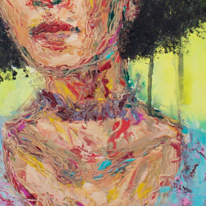 The artwork 'Self Portrait' features an expressive oil painting with vibrant impasto brushstrokes in flesh tones, depicting a figure against a luminous yellow-green background. The piece showcases dynamic texture with swirling strokes of pink, red, and turquoise paint creating a complex, energetic surface. The bold, contemporary style emphasizes emotional depth through color and technique. By Jadie Meprivert.