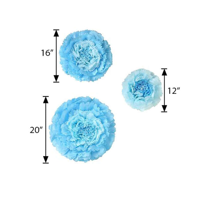 Blue floral decorations in three sizes: 20", 16", and 12".