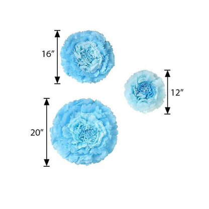 Blue floral decorations in three sizes: 20", 16", and 12".