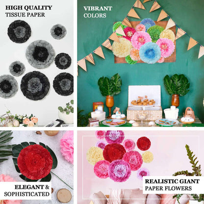 Colorful tissue paper flowers in a vibrant party decoration setup.