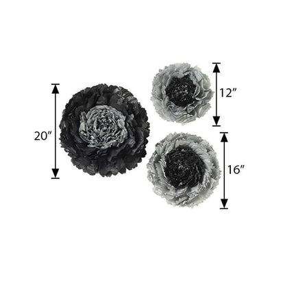 Set of three decorative flowers in black and gray, sizes 12" and 20".