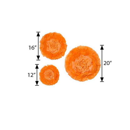 Orange decorative flowers in three sizes: 12", 16", and 20"