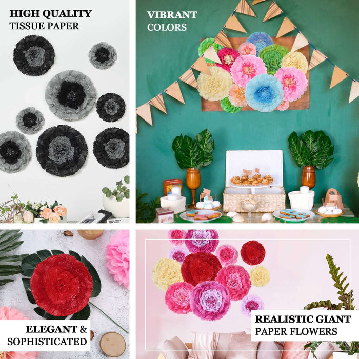 Vibrant tissue paper flowers in various colors for elegant decor.