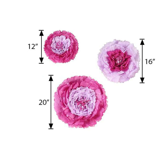 Pink floral decorations in various sizes: 12", 16", and 20".