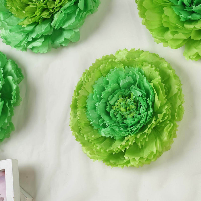 Green paper flower decorations in layered design, ideal for events or home decor.