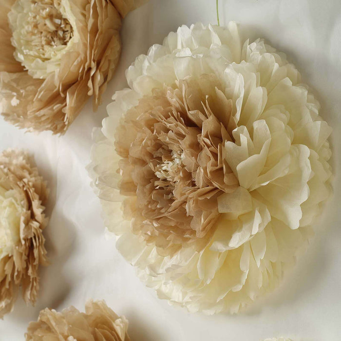 Decorative paper flowers in beige and cream tones on a white background.