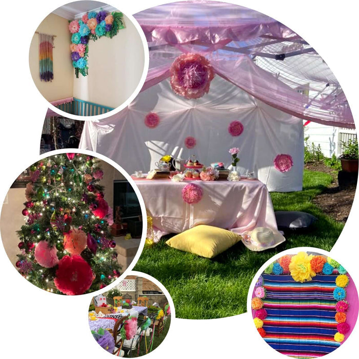 Colorful party decorations including flowers, table settings, and festive elements.