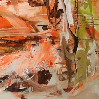 The artwork 'She's Looking For Another Lover to Burn' features dynamic brushstrokes in vibrant coral orange blending with earthy browns and sage green tones. Abstract expressionist composition with bold gestural marks and fluid movement across linen canvas, creating a sense of emotional turbulence. Oil painting by Petra Nimtz.