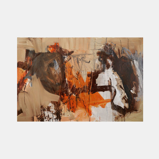 The artwork 'Should Have Known You Were Going To Make Me Cry' by Petra Nimtz features bold abstract expressionist brushstrokes in vibrant orange, deep brown, and white against a neutral beige background. Dynamic drips and gestural marks create emotional tension through contrasting colors and energetic composition on linen canvas, measuring 40x60 inches.