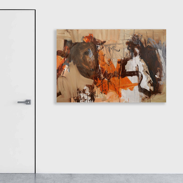 The artwork 'Should Have Known You Were Going To Make Me Cry' by Petra Nimtz features bold abstract expressionist strokes in orange, brown, and white against a beige background. Dynamic brushwork creates dramatic movement across the linen canvas, with intense gestural marks and dripping effects suggesting emotional turbulence. Oil painting, 40x60 inches.