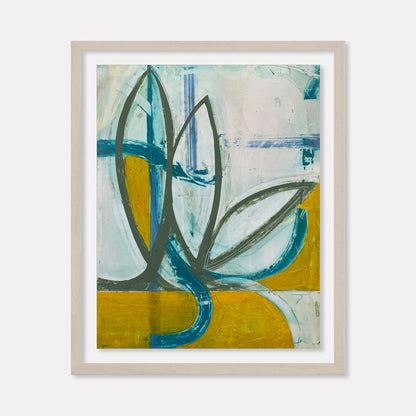 Spring Fling 1 by Janice La Motta features abstract botanical shapes in teal and gray against a split composition of mint green and golden yellow backgrounds. Bold curved lines create leaf-like forms, while gestural brushstrokes in oil pastel on Yupo paper add textural interest and movement to this modern botanical artwork.