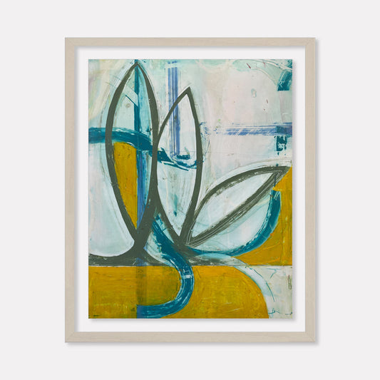 Spring Fling 1 by Janice La Motta features abstract botanical shapes in teal and gray against a split composition of mint green and golden yellow backgrounds. Bold curved lines create leaf-like forms, while gestural brushstrokes in oil pastel on Yupo paper add textural interest and movement to this modern botanical artwork.
