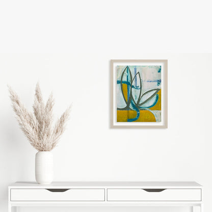 Spring Fling 1 by Janice La Motta features abstract floral forms in vibrant turquoise and yellow. Bold brushstrokes on Yupo paper create a modern, organic composition with flowing lines and dynamic shapes, suggesting springtime movement and growth. The oil pastel technique adds rich texture and ethereal depth to this contemporary artwork by Janice La Motta.