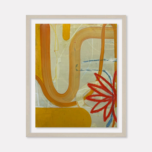 Spring Fling 3 by Janice La Motta features bold curved orange lines flowing across a pale sage background, complemented by a vibrant red abstract flower form. The oil pastel artwork on Yupo paper creates a dynamic composition with geometric shapes and organic elements, displaying a modern abstract style in warm earth tones against cool undertones.