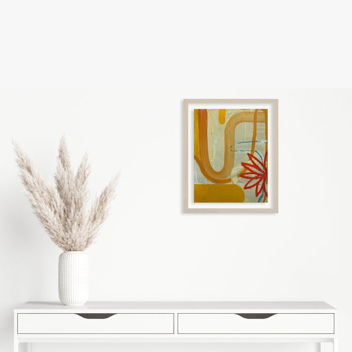 The artwork 'Spring Fling 3' by Janice La Motta features abstract curved forms in warm golden ochre against a soft mint green background. A vibrant coral-red floral motif adds dynamic contrast. Created with oil pastel on Yupo paper, the composition balances geometric and organic shapes in a modern, minimalist style. - by Janice La Motta