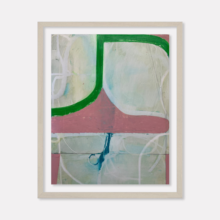 The artwork 'Spring Fling 4' by Janice La Motta features abstract geometric shapes with a bold green curved line against a soft white background, intersected by a horizontal pink band. A subtle blue accent mark creates depth while ethereal white circular forms float throughout the composition, rendered in oil pastel on Yupo paper. By Janice La Motta.