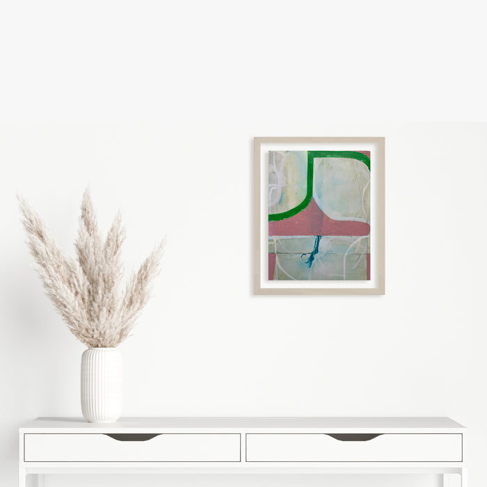 The artwork 'Spring Fling 4' by Janice La Motta features abstract geometric shapes with a prominent curved green line against a soft pastel background. The composition combines mint green, pale pink, and subtle blue tones, created with oil pastel on Yupo paper. The minimalist design shows fluid, organic forms with delicate textural elements.