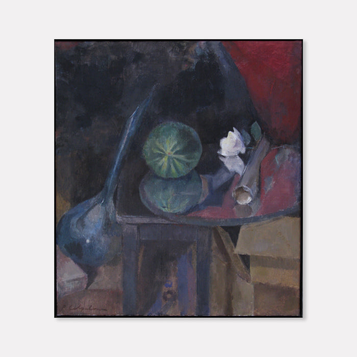 The artwork 'Still Life with Melon' by Peter Colquhoun features a moody composition with a green striped melon and delicate white flowers arranged on a dark table against a dramatic red and black background. The oil painting on linen showcases rich textural brushwork and a contemplative play of light and shadow in modernist style.